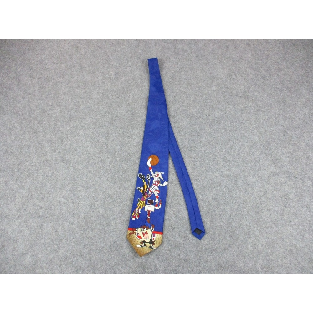 VINTAGE Looney Tunes Tie Mens Blue Bugs Bunny Daffy Taz Basketball Pointed